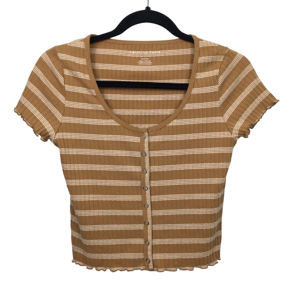 American Eagle Scoop Neck Snap Front Tan Striped Scalloped Cropped Top Size S